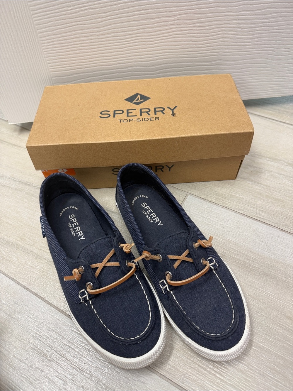 Sperry Navy Canvas Moccasin-Style Boat Shoes with Tan Laces